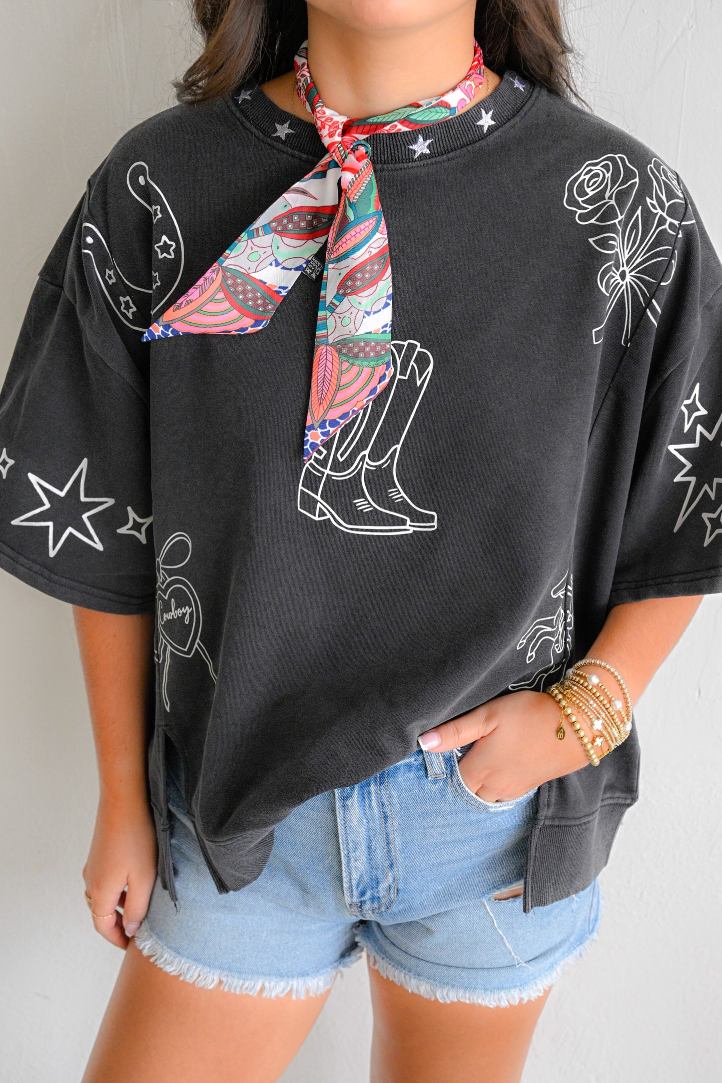 Mineral Washed Western Print Top