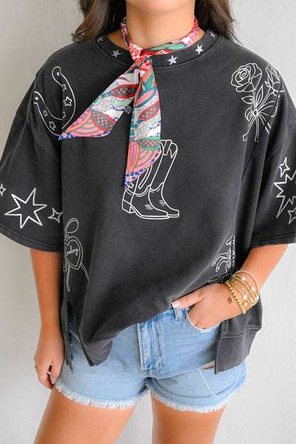 Mineral Washed Western Print Top