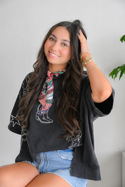Mineral Washed Western Print Top