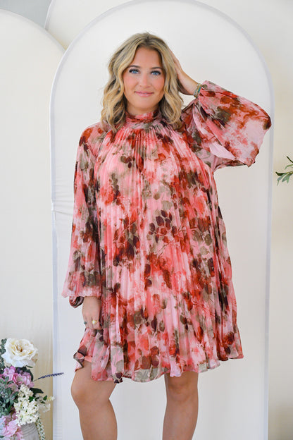 Floral Pleated Chiffon Mini Dress