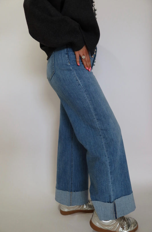 90s Stretch Cuffed Hem High Rise Straight Jeans