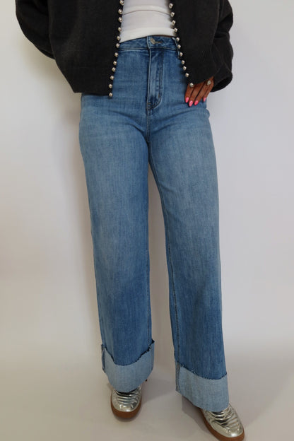 90s Stretch Cuffed Hem High Rise Straight Jeans